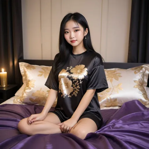 Prompt: cute chinese girl with long silky black hair wearing oversized black double layered satin t-shirt, short sleeve, sitting on bed, gold and purple puffy satin blanket with floral print, satin pillows, silky soft and shiny, soft candle lighting, gold satin lining