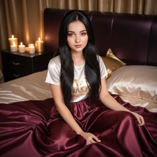 Prompt: cute girl with long silky black hair sitting on satin bed, dark cherry puffy satin blanket, satin pillows, silky soft and shiny, soft candle lighting, gold satin lining, wearing satin t shirt