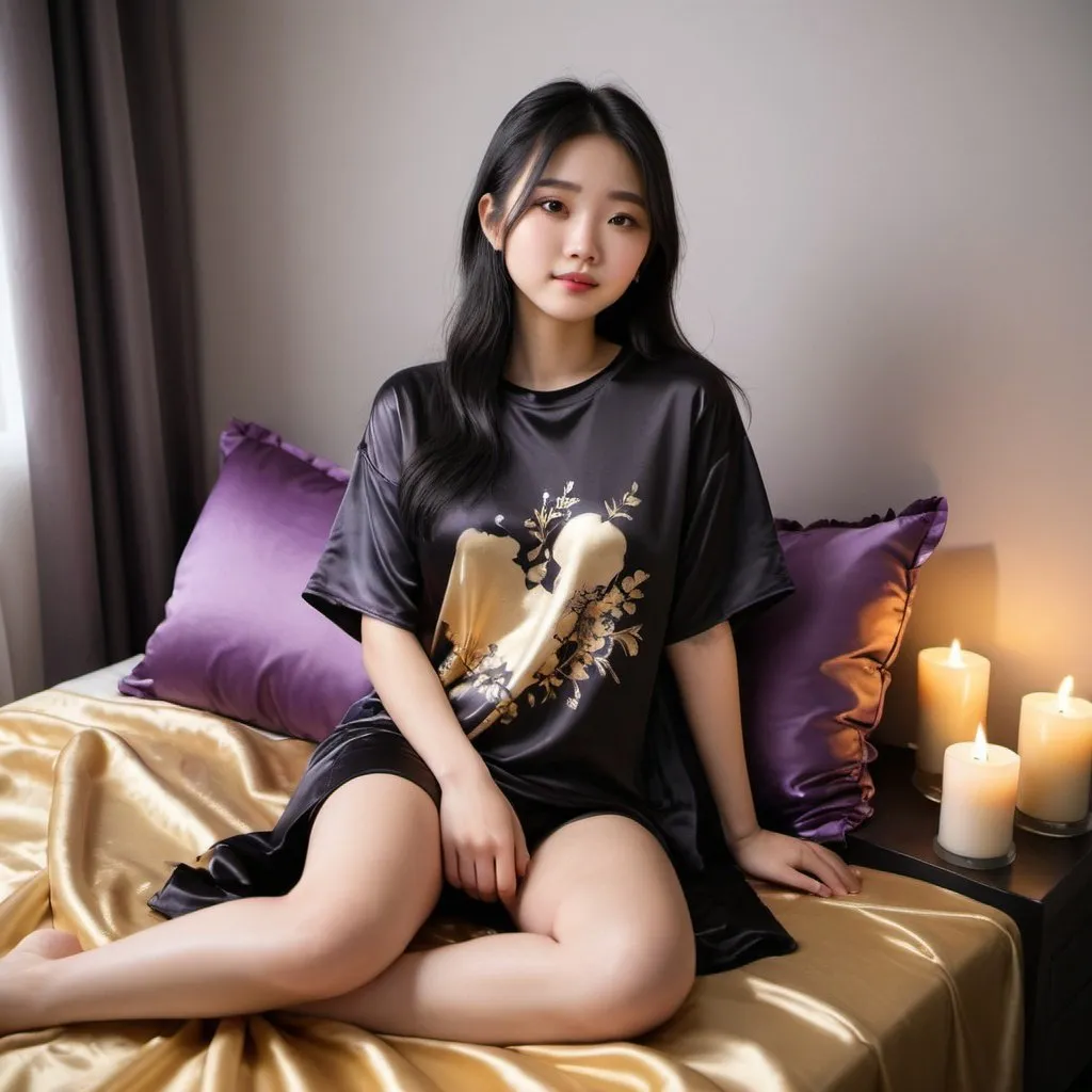 Prompt: cute chinese girl with long silky black hair wearing oversized black double layered satin t-shirt, short sleeve, sitting on bed, gold and purple puffy satin blanket with floral print, satin pillows, silky soft and shiny, soft candle lighting, gold satin lining