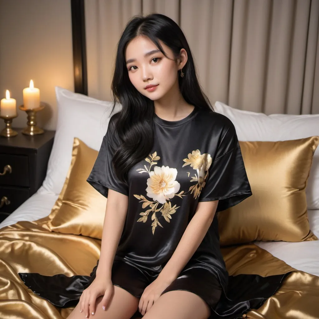 Prompt: cute chinese girl with long silky black hair wearing oversized black double layered satin t-shirt, short sleeve, sitting on bed, gold puffy satin blanket with floral print, satin pillows, silky soft and shiny, soft candle lighting, gold satin lining