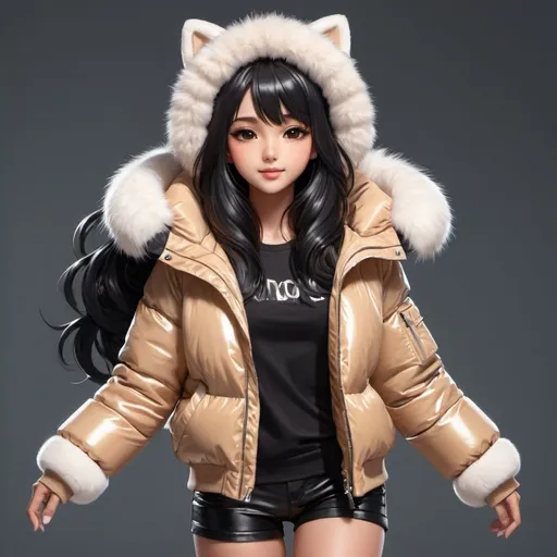 Prompt: cute long black hair anime girl with tan skin in shiny puffer jaket with fur on hood, dancing