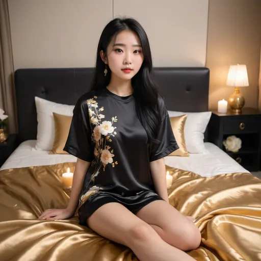 Prompt: cute chinese girl with long silky black hair wearing oversized black double layered satin t-shirt, short sleeve, sitting on bed, gold puffy satin blanket with floral print, satin pillows, silky soft and shiny, soft candle lighting, gold satin lining
