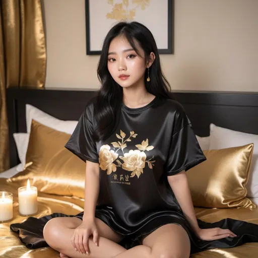 Prompt: cute chinese girl with long silky black hair wearing oversized black double layered satin t-shirt, short sleeve, sitting on bed, gold puffy satin blanket with floral print, satin pillows, silky soft and shiny, soft candle lighting, gold satin lining