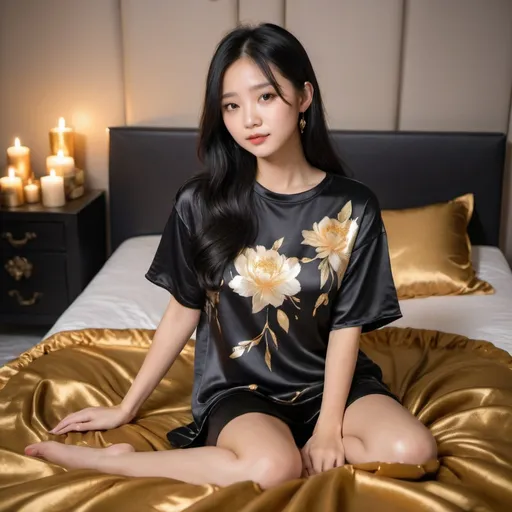 Prompt: cute chinese girl with long silky black hair wearing oversized black double layered satin t-shirt, short sleeve, sitting on bed, gold puffy satin blanket with floral print, satin pillows, silky soft and shiny, soft candle lighting, gold satin lining