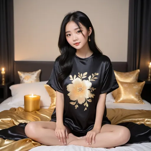 Prompt: cute chinese girl with long silky black hair wearing oversized black double layered satin t-shirt, short sleeve, sitting on bed, gold puffy satin blanket with floral print, satin pillows, silky soft and shiny, soft candle lighting, gold satin lining