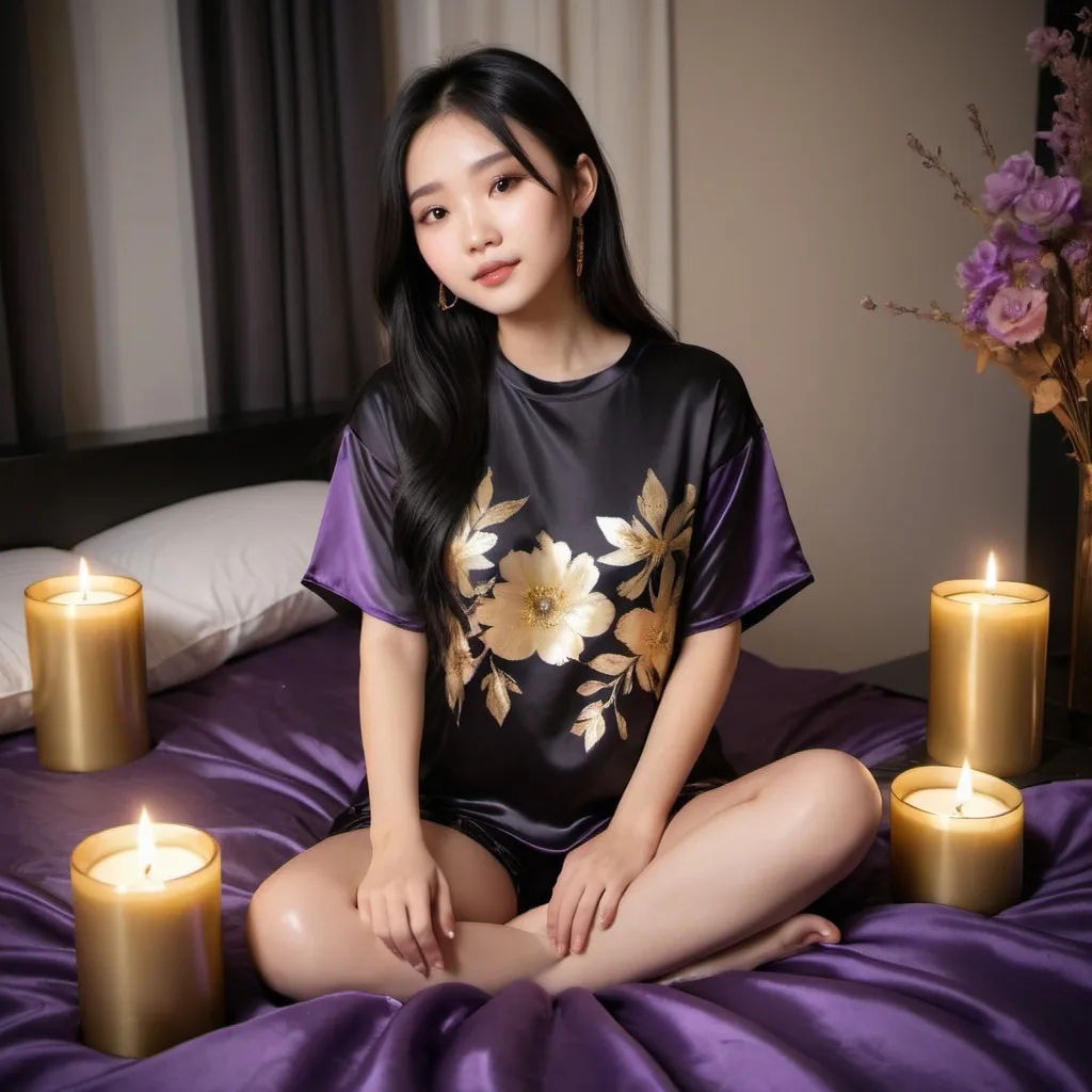 Prompt: cute chinese girl with long silky black hair wearing oversized black double layered satin t-shirt, short sleeve, sitting on bed, gold and purple puffy satin blanket with floral print, satin pillows, silky soft and shiny, soft candle lighting, gold satin lining