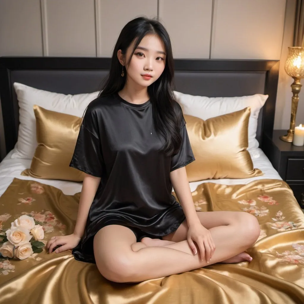 Prompt: cute chinese girl with long silky black hair wearing oversized black double layered satin t-shirt, short sleeve, sitting on bed, gold puffy satin blanket with floral print, satin pillows, silky soft and shiny, soft candle lighting, gold satin lining