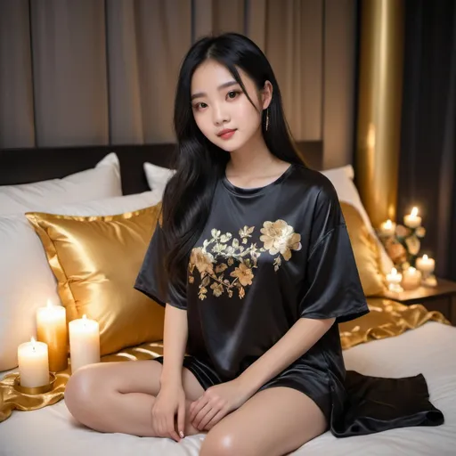 Prompt: cute chinese girl with long silky black hair wearing oversized black double layered satin t-shirt, short sleeve, sitting on bed, gold puffy satin blanket with floral print, satin pillows, silky soft and shiny, soft candle lighting, gold satin lining