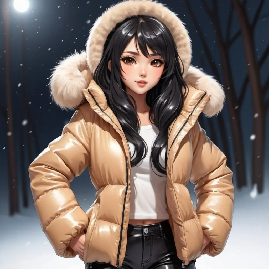 Prompt: cute long black hair anime girl with tan skin in shiny puffer jaket with fur on hood, dancing