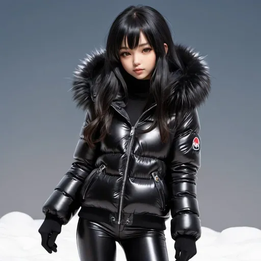 Prompt: cute long black hair anime girl with tan skin in shiny black puffer jaket with black fur on hood, dancing, slimy, fluffy, soft, tickly, black puffer nylon pants, very long hair, moncler, shiny hair, hood up