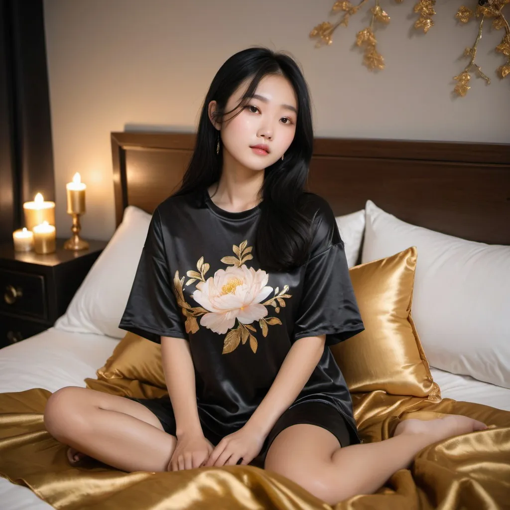 Prompt: cute chinese girl with long silky black hair wearing oversized black double layered satin t-shirt, short sleeve, sitting on bed, gold puffy satin blanket with floral print, satin pillows, silky soft and shiny, soft candle lighting, gold satin lining