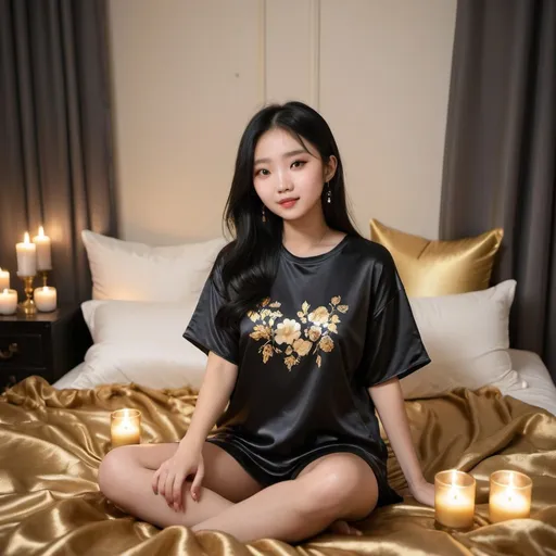 Prompt: cute chinese girl with long silky black hair wearing oversized black double layered satin t-shirt, short sleeve, sitting on bed, gold puffy satin blanket with floral print, satin pillows, silky soft and shiny, soft candle lighting, gold satin lining