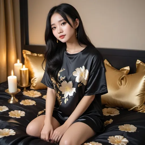 Prompt: cute chinese girl with long silky black hair wearing oversized black double layered satin t-shirt, short sleeve, sitting on bed, gold puffy satin blanket with floral print, satin pillows, silky soft and shiny, soft candle lighting, gold satin lining