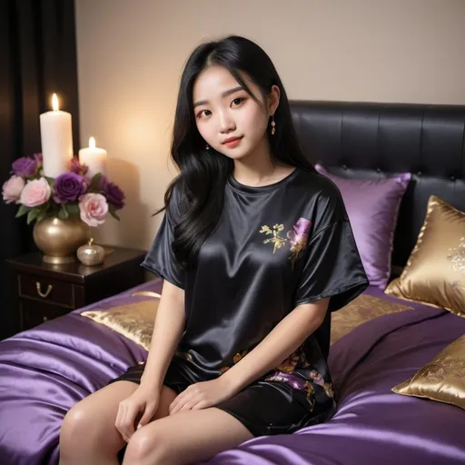 Prompt: cute chinese girl with long silky black hair wearing oversized black double layered satin t-shirt, short sleeve, sitting on bed, gold and purple puffy satin blanket with floral print, satin pillows, silky soft and shiny, soft candle lighting, gold satin lining