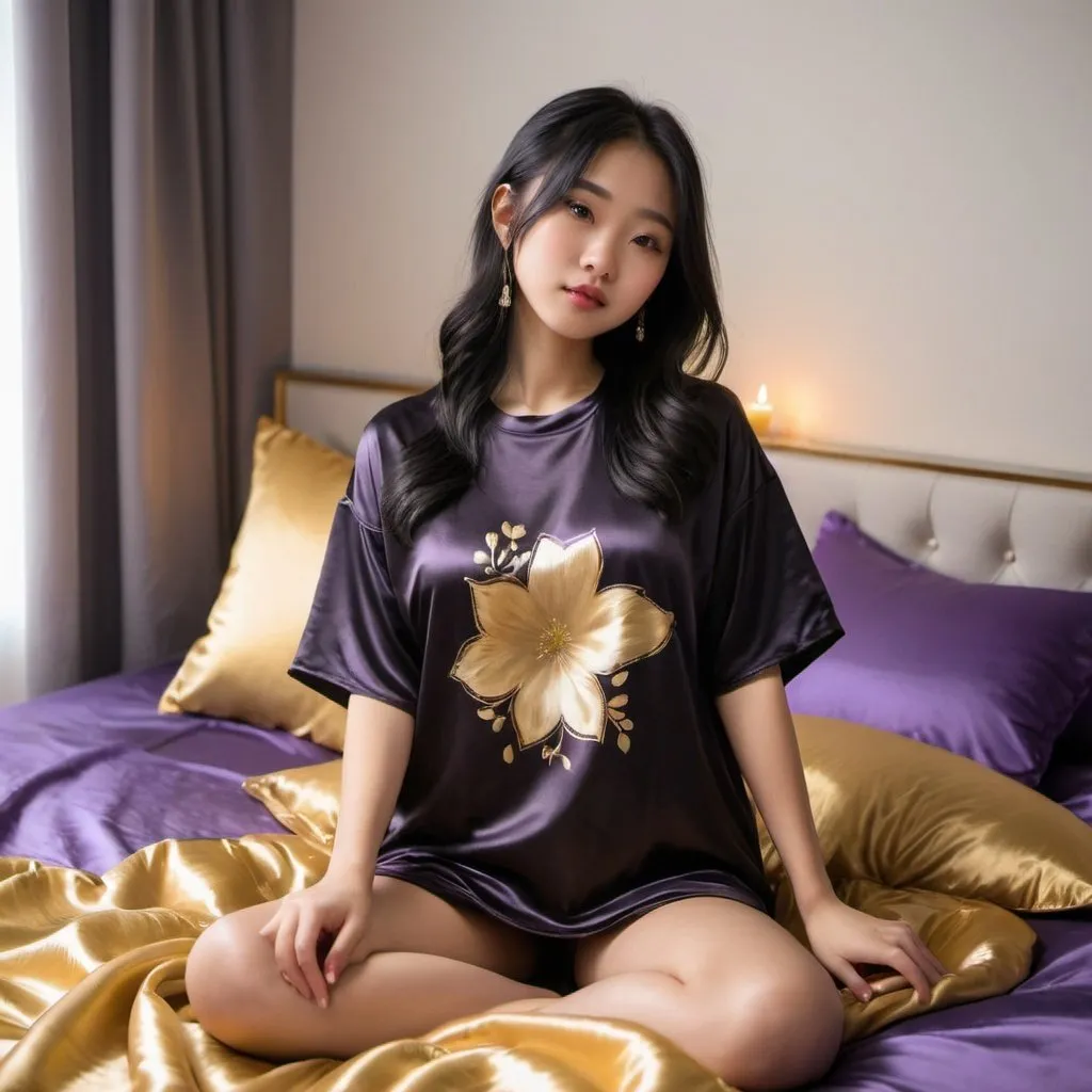 Prompt: cute chinese girl with long silky black hair wearing oversized black double layered satin t-shirt, short sleeve, sitting on bed, gold and purple puffy satin blanket with floral print, satin pillows, silky soft and shiny, soft candle lighting, gold satin lining