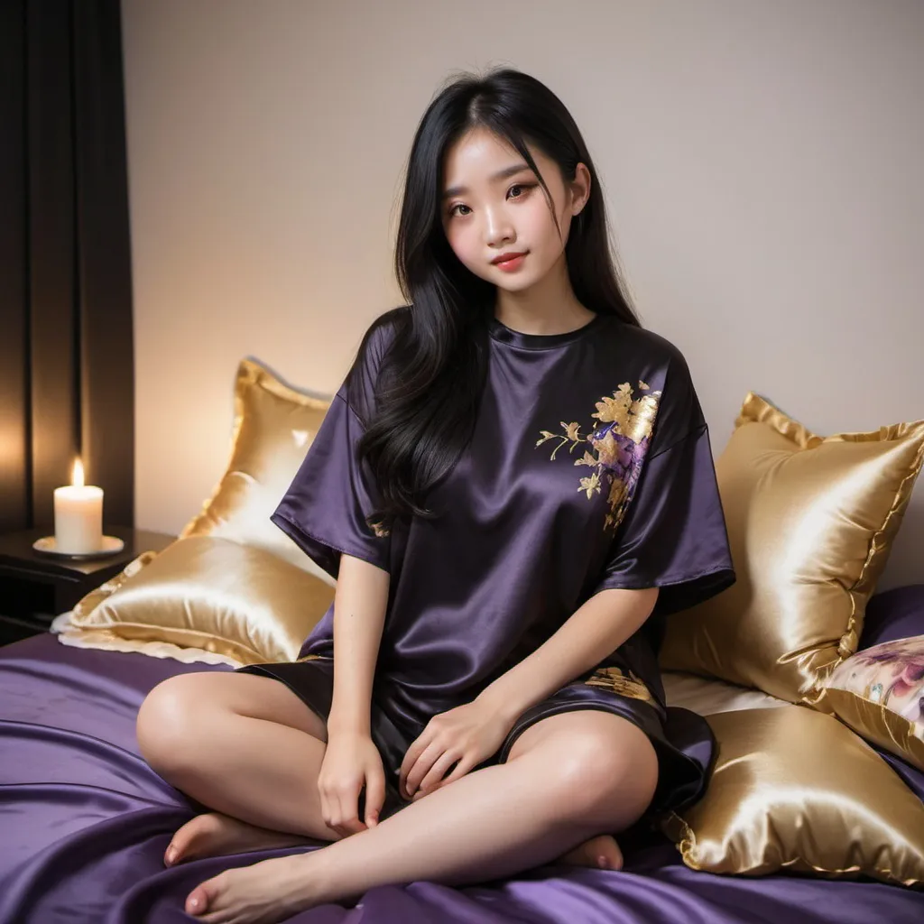 Prompt: cute chinese girl with long silky black hair wearing oversized black double layered satin t-shirt, short sleeve, sitting on bed, gold and purple puffy satin blanket with floral print, satin pillows, silky soft and shiny, soft candle lighting, gold satin lining