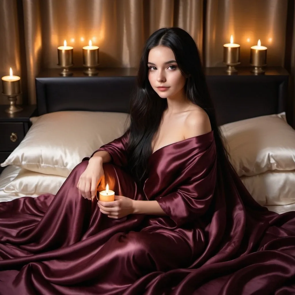 Prompt: cute girl with long silky black hair sitting on satin bed, dark cherry puffy satin blanket, satin pillows, silky soft and shiny, soft candle lighting, gold satin lining