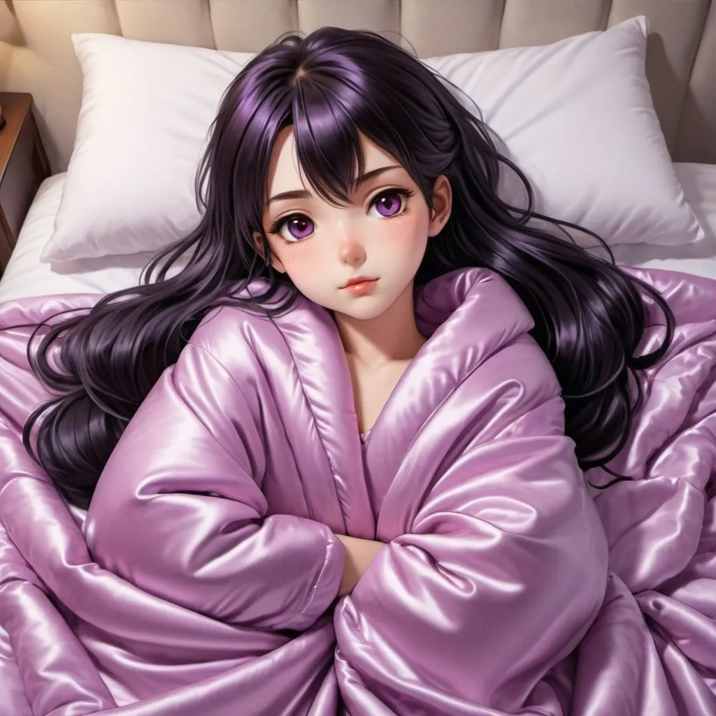 Prompt: cute anime girl with purple thick quilted satin blanket, silky soft and shiny, pink satin lining, laying on bed, lonf black silky hair