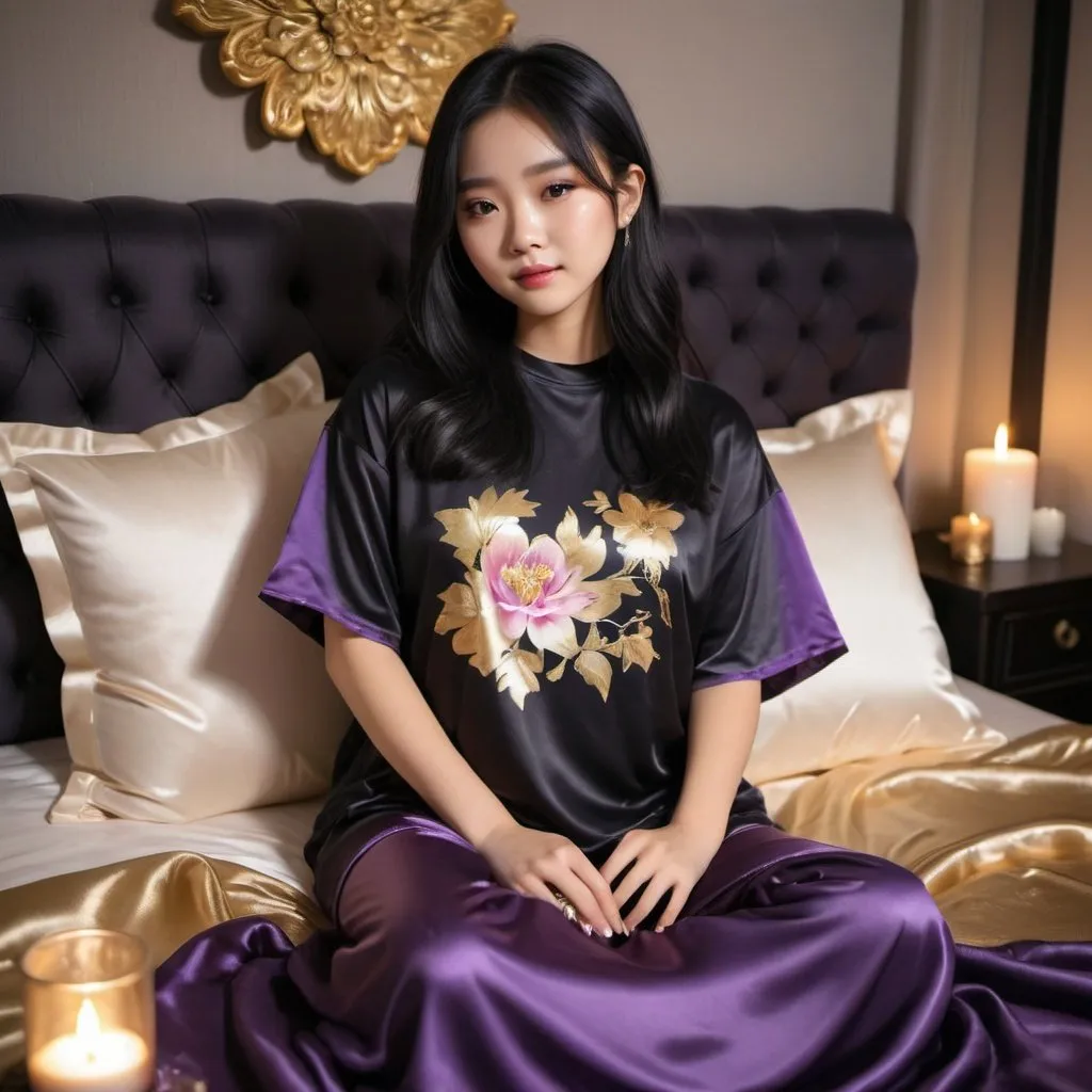 Prompt: cute chinese girl with long silky black hair wearing oversized black double layered satin t-shirt, short sleeve, sitting on bed, gold and purple puffy satin blanket with floral print, satin pillows, silky soft and shiny, soft candle lighting, gold satin lining