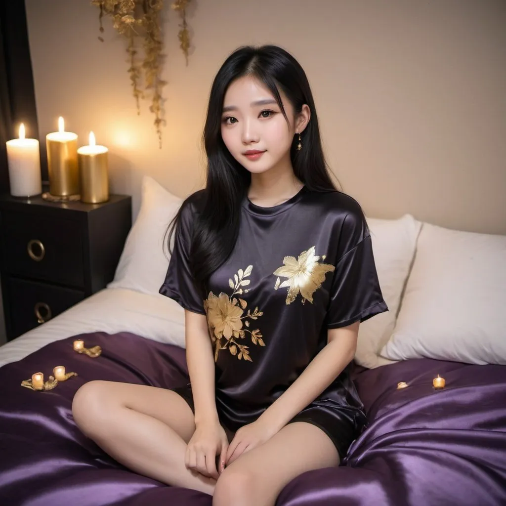 Prompt: cute chinese girl with long silky black hair wearing oversized black double layered satin t-shirt, short sleeve, sitting on bed, gold and purple puffy satin blanket with floral print, satin pillows, silky soft and shiny, soft candle lighting, gold satin lining