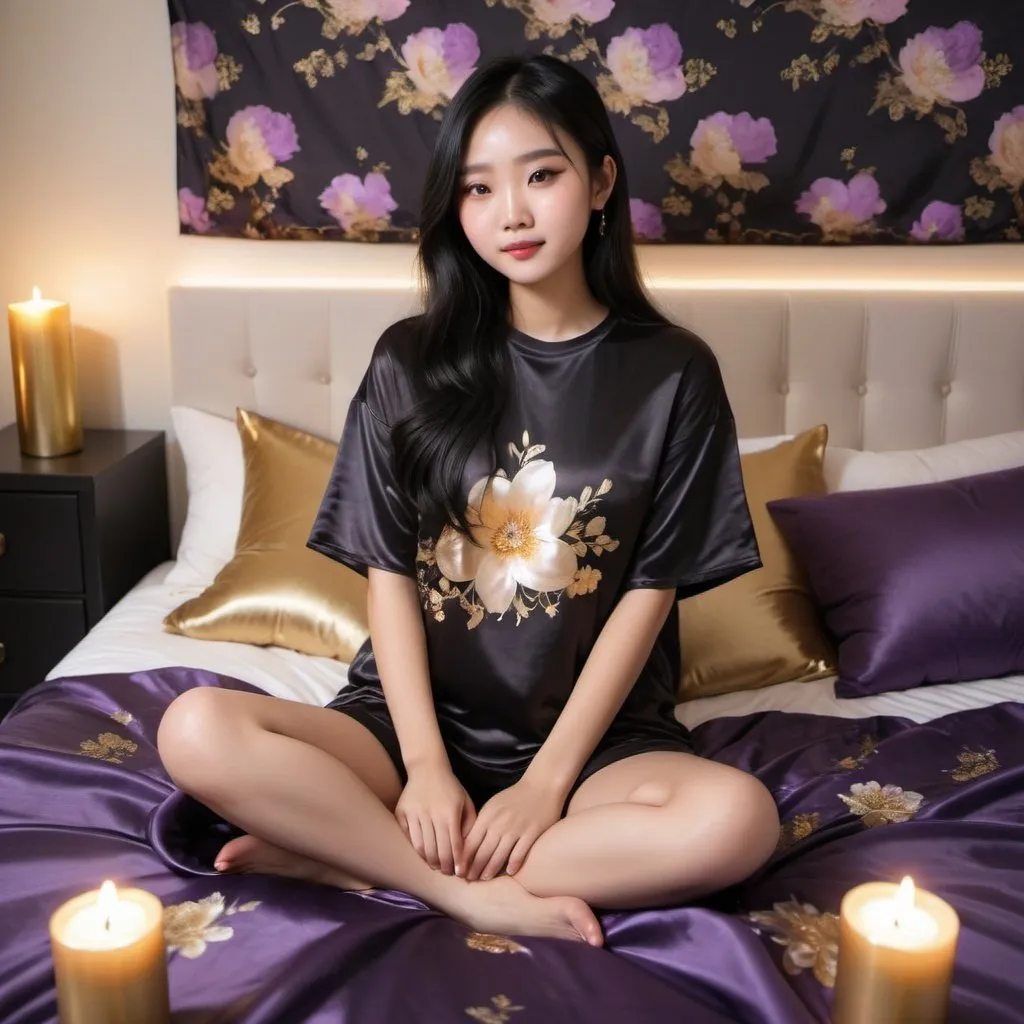 Prompt: cute chinese girl with long silky black hair wearing oversized black double layered satin t-shirt, short sleeve, sitting on bed, gold and purple puffy satin blanket with floral print, satin pillows, silky soft and shiny, soft candle lighting, gold satin lining