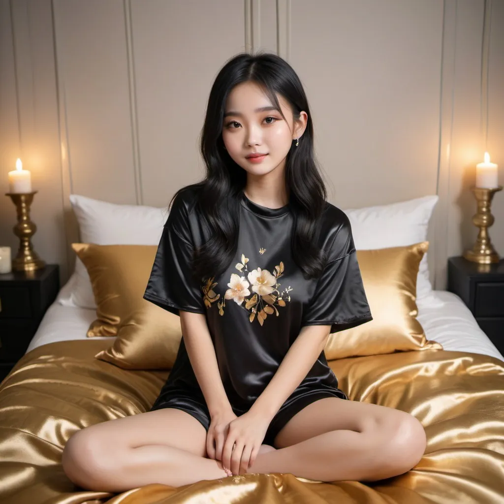 Prompt: cute chinese girl with long silky black hair wearing oversized black double layered satin t-shirt, short sleeve, sitting on bed, gold puffy satin blanket with floral print, satin pillows, silky soft and shiny, soft candle lighting, gold satin lining