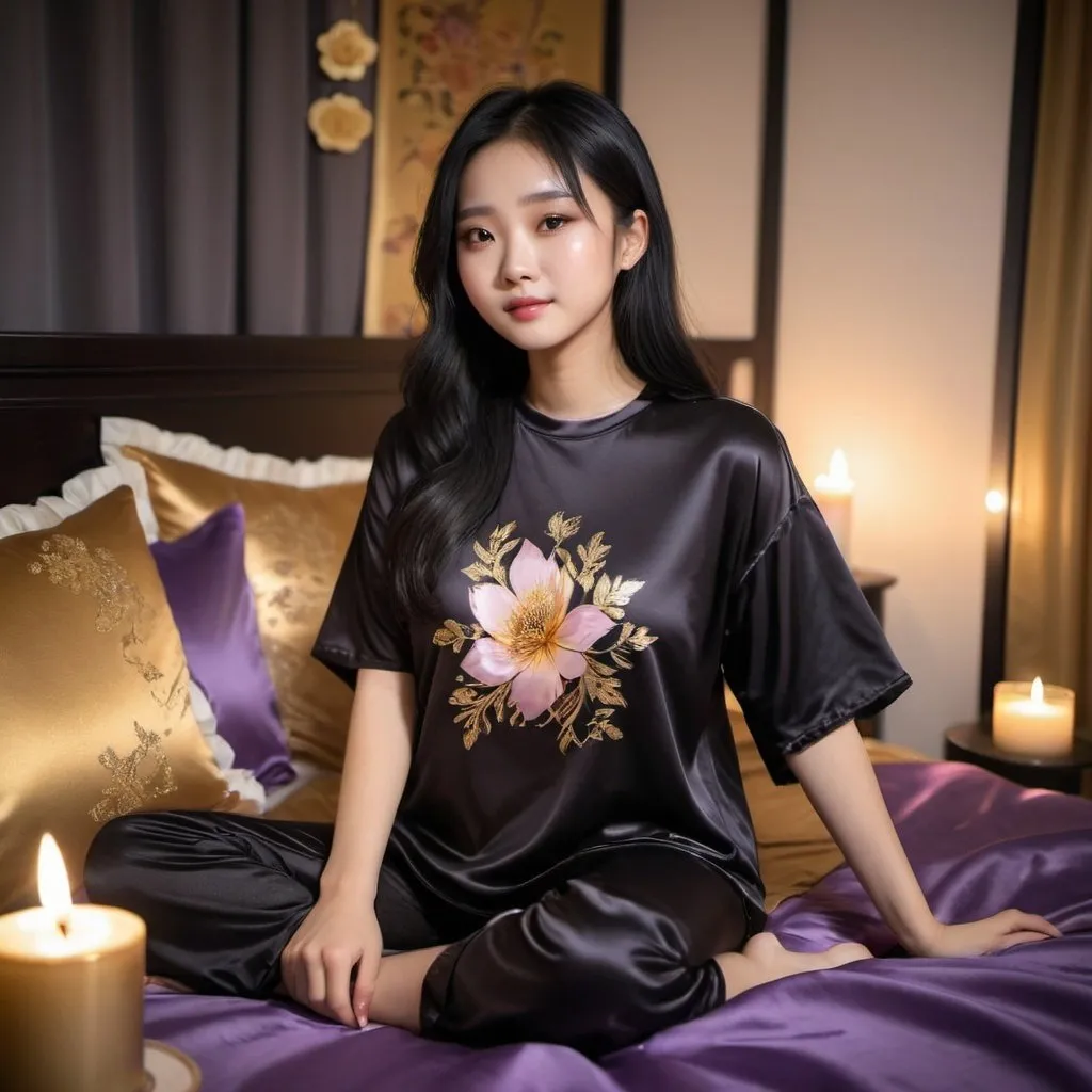 Prompt: cute chinese girl with long silky black hair wearing oversized black double layered satin t-shirt, short sleeve, sitting on bed, gold and purple puffy satin blanket with floral print, satin pillows, silky soft and shiny, soft candle lighting, gold satin lining