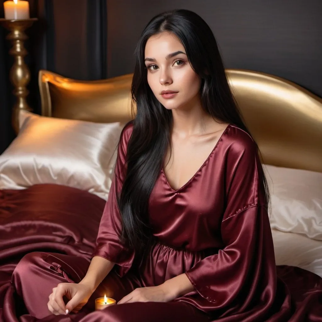 Prompt: cute girl with long silky black hair sitting on satin bed, dark cherry puffy satin blanket, satin pillows, silky soft and shiny, soft candle lighting, gold satin lining, wearing satin t shirt