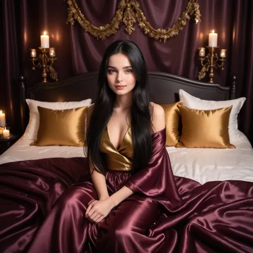 Prompt: cute girl with long silky black hair sitting on satin bed, dark cherry puffy satin blanket, satin pillows, silky soft and shiny, soft candle lighting, gold satin lining