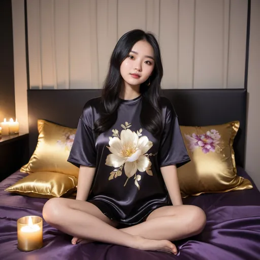 Prompt: cute chinese girl with long silky black hair wearing oversized black double layered satin t-shirt, short sleeve, sitting on bed, gold and purple puffy satin blanket with floral print, satin pillows, silky soft and shiny, soft candle lighting, gold satin lining