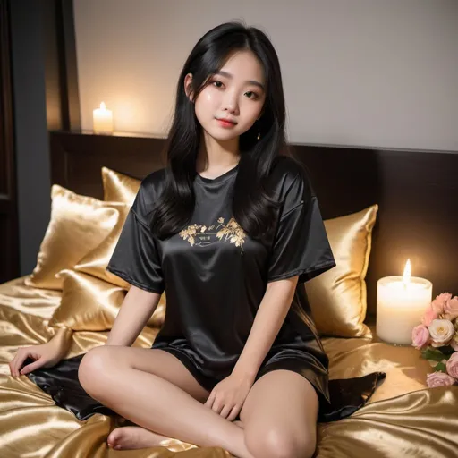 Prompt: cute chinese girl with long silky black hair wearing oversized black double layered satin t-shirt, short sleeve, sitting on bed, gold puffy satin blanket with floral print, satin pillows, silky soft and shiny, soft candle lighting, gold satin lining