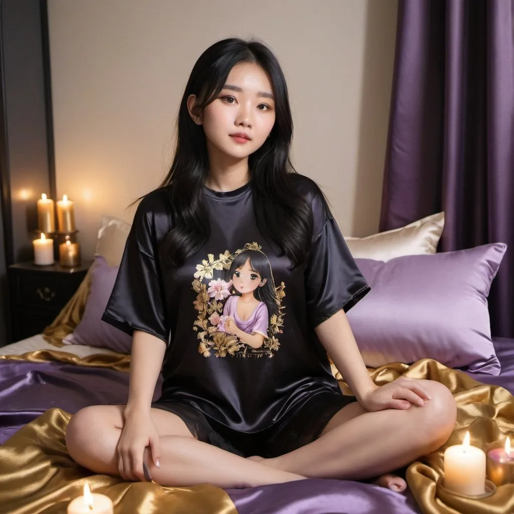 Prompt: cute chinese girl with long silky black hair wearing oversized black double layered satin t-shirt, short sleeve, sitting on bed, gold and purple puffy satin blanket with floral print, satin pillows, silky soft and shiny, soft candle lighting, gold satin lining