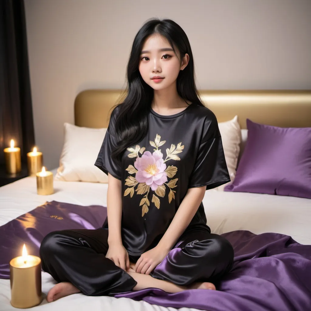 Prompt: cute chinese girl with long silky black hair wearing oversized black double layered satin t-shirt, short sleeve, sitting on bed, gold and purple puffy satin blanket with floral print, satin pillows, silky soft and shiny, soft candle lighting, gold satin lining