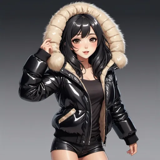 Prompt: cute long black hair anime girl with tan skin in shiny black puffer jaket with fur on hood, dancing