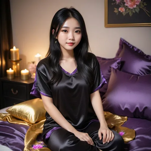 Prompt: cute chinese girl with long silky black hair wearing oversized black double layered satin t-shirt, short sleeve, sitting on bed, gold and purple puffy satin blanket with floral print, satin pillows, silky soft and shiny, soft candle lighting, gold satin lining