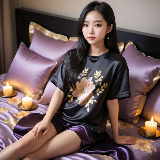 Prompt: cute chinese girl with long silky black hair wearing oversized black double layered satin t-shirt, short sleeve, sitting on bed, gold and purple puffy satin blanket with floral print, satin pillows, silky soft and shiny, soft candle lighting, gold satin lining