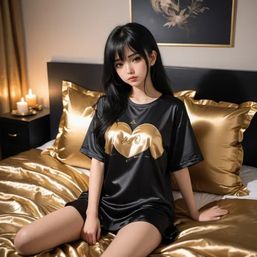 Prompt: cute anime girl with long silky black hair wearing oversized black double layered satin t-shirt, short sleeve, sitting on bed, gold stitched puffy satin blanket, gold satin pillows, silky soft and shiny, soft candle lighting, gold satin lining