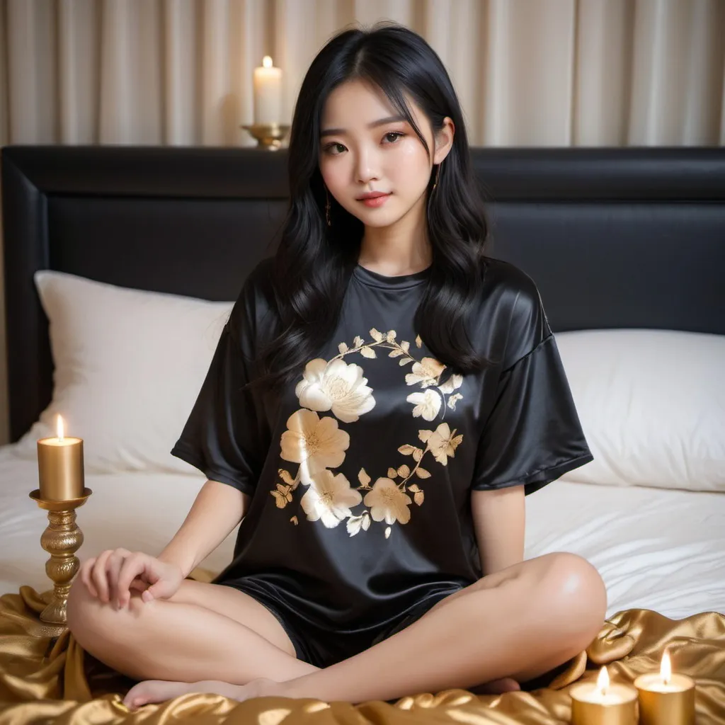 Prompt: cute chinese girl with long silky black hair wearing oversized black double layered satin t-shirt, short sleeve, sitting on bed, gold puffy satin blanket with floral print, satin pillows, silky soft and shiny, soft candle lighting, gold satin lining