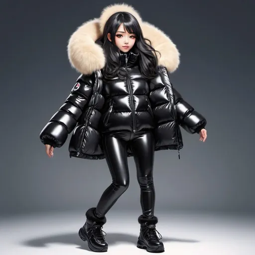 Prompt: cute long black hair anime girl with tan skin in shiny black puffer jaket with black fur on hood, dancing, slimy, fluffy, soft, tickly, black puffer nylon pants, very long hair, moncler, shiny hair, hood up