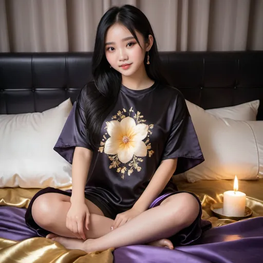 Prompt: cute chinese girl with long silky black hair wearing oversized black double layered satin t-shirt, short sleeve, sitting on bed, gold and purple puffy satin blanket with floral print, satin pillows, silky soft and shiny, soft candle lighting, gold satin lining