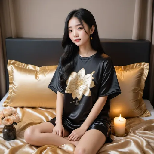 Prompt: cute chinese girl with long silky black hair wearing oversized black double layered satin t-shirt, short sleeve, sitting on bed, gold puffy satin blanket with floral print, satin pillows, silky soft and shiny, soft candle lighting, gold satin lining