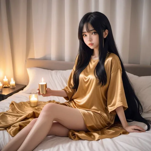Prompt: cute anime girl with long silky black hair wearing oversized  double layered satin t-shirt, short sleeve, sitting on bed, gold satin blanket, satin pillows, silky soft and shiny, soft candle lighting