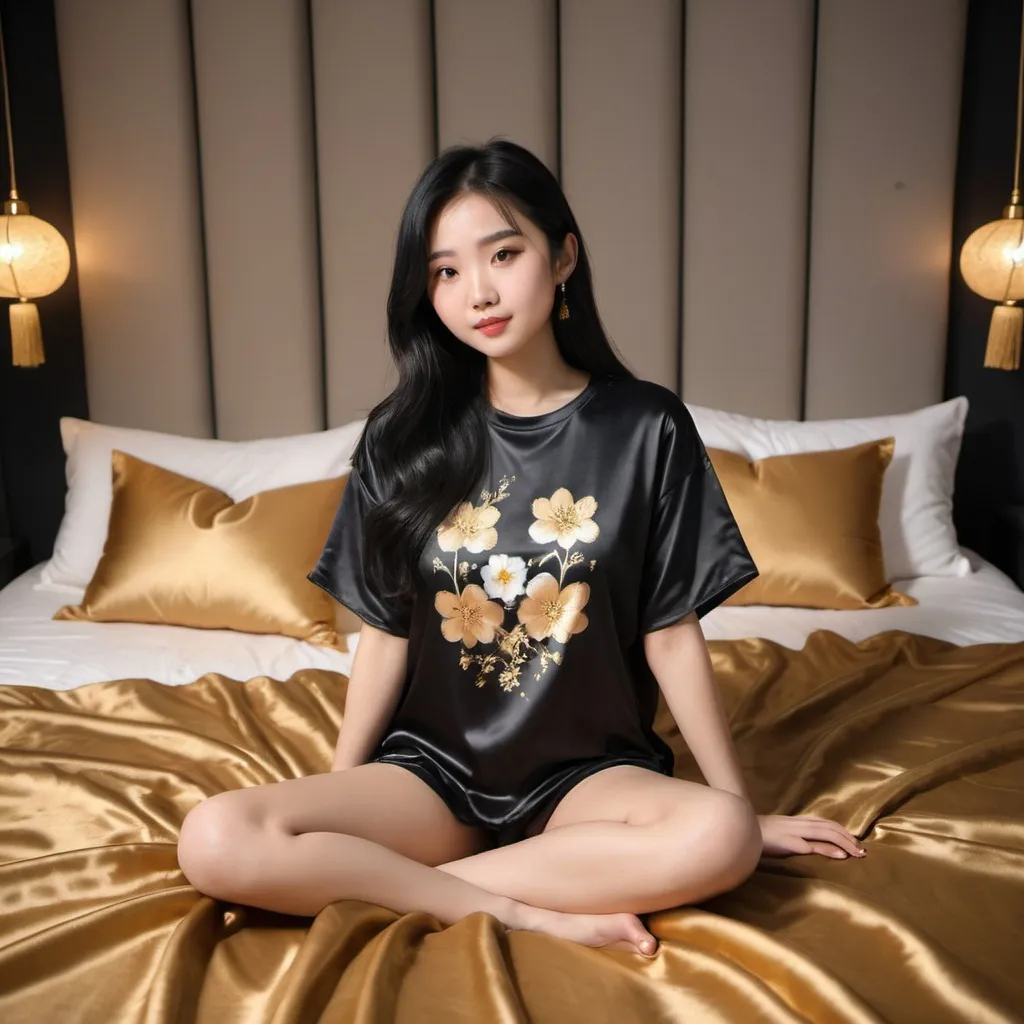 Prompt: cute chinese girl with long silky black hair wearing oversized black double layered satin t-shirt, short sleeve, sitting on bed, gold puffy satin blanket with floral print, satin pillows, silky soft and shiny, soft candle lighting, gold satin lining