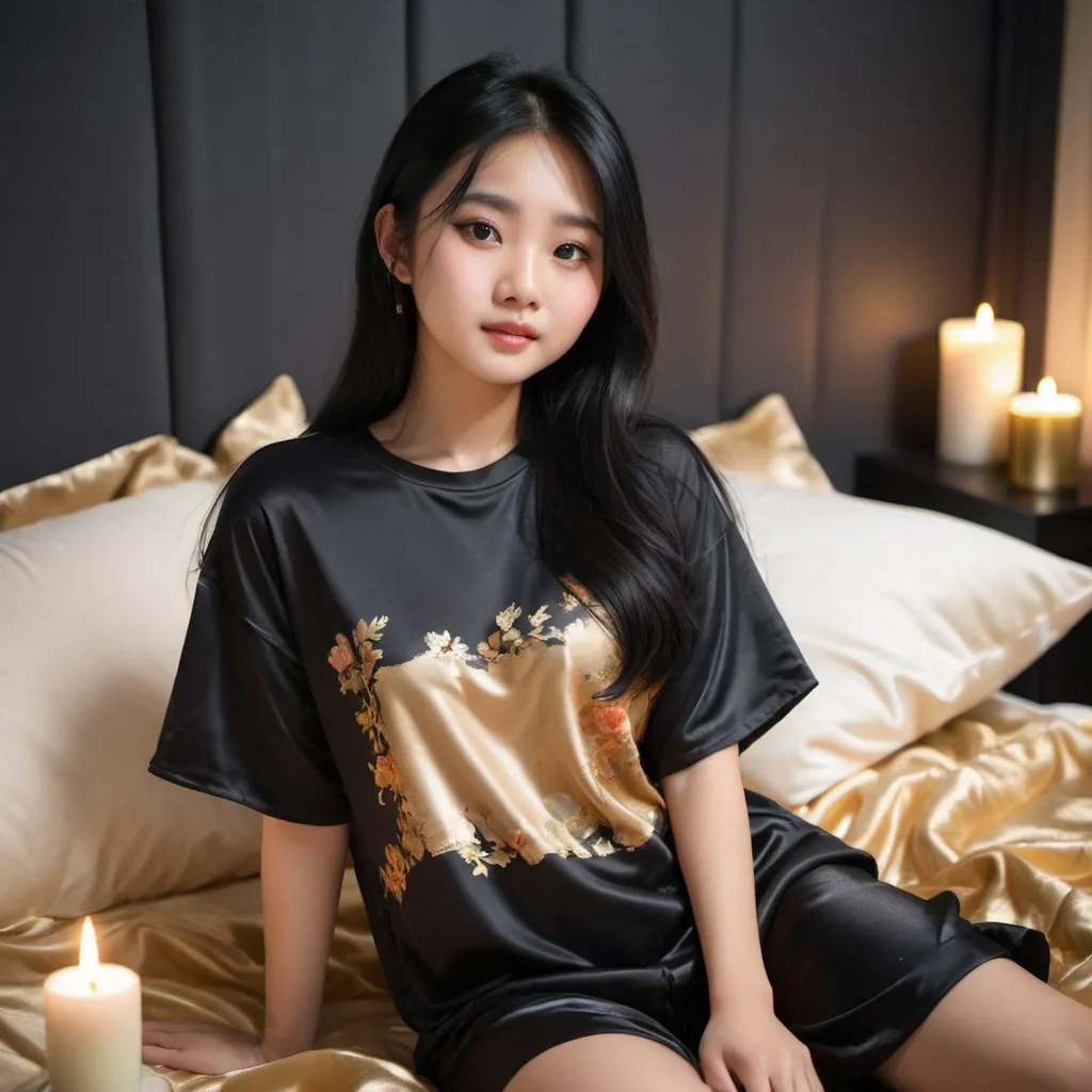 Prompt: cute chinese girl with long silky black hair wearing oversized black double layered satin t-shirt, short sleeve, sitting on bed, gold puffy satin blanket with floral print, satin pillows, silky soft and shiny, soft candle lighting, gold satin lining