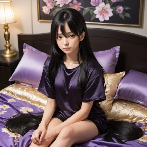 Prompt: Nagatoro Hayase with long silky black hair wearing oversized black double layered satin t-shirt, short sleeve, sitting on bed, gold and purple puffy satin blanket with floral print, satin pillows, silky soft and shiny, soft candle lighting, gold satin lining