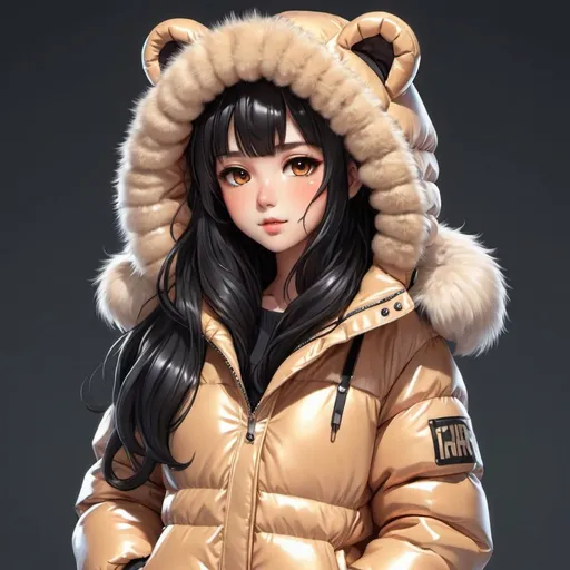 Prompt: cute long black hair anime girl with tan skin in shiny puffer jaket with fur on hood