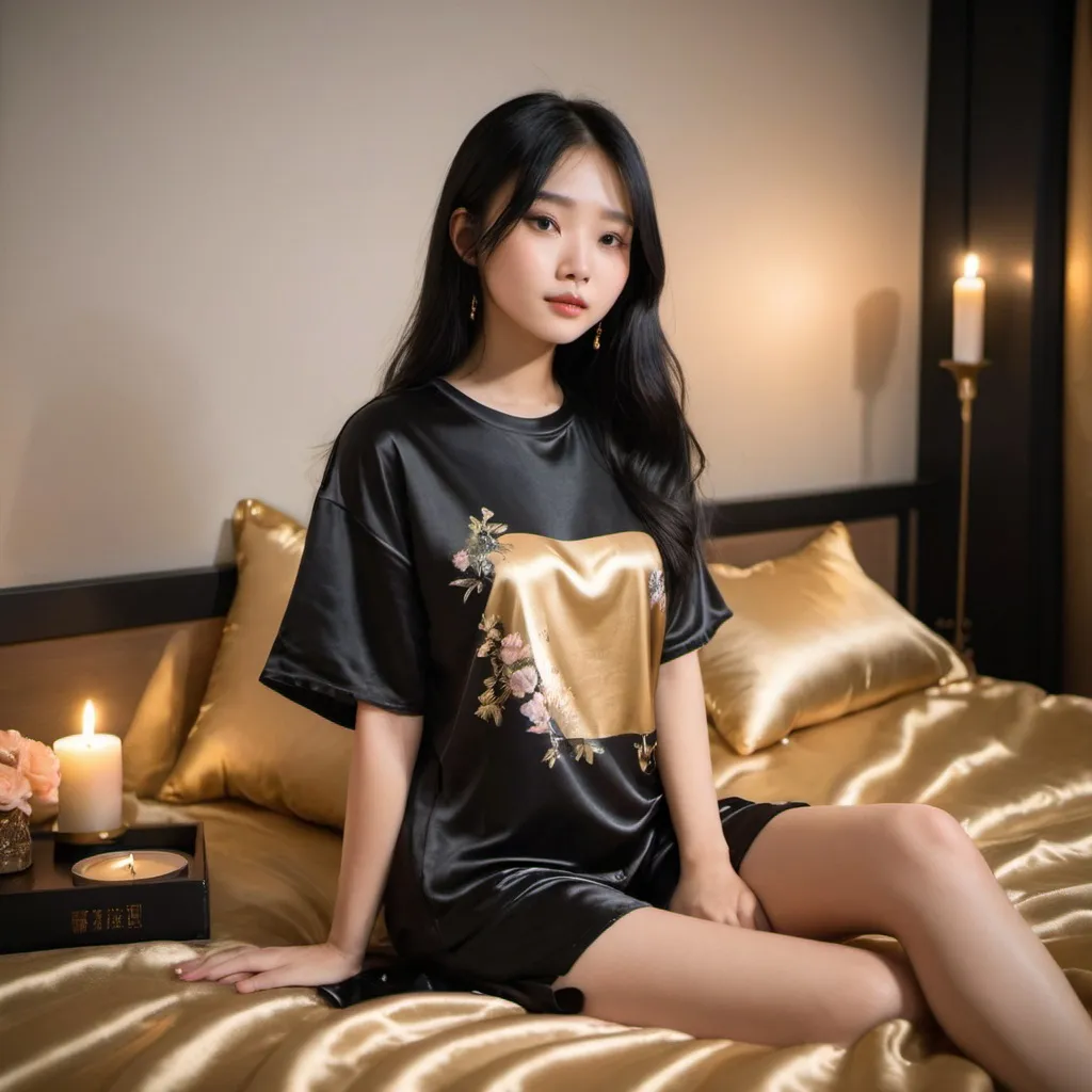 Prompt: cute chinese girl with long silky black hair wearing oversized black double layered satin t-shirt, short sleeve, sitting on bed, gold puffy satin blanket with floral print, satin pillows, silky soft and shiny, soft candle lighting, gold satin lining