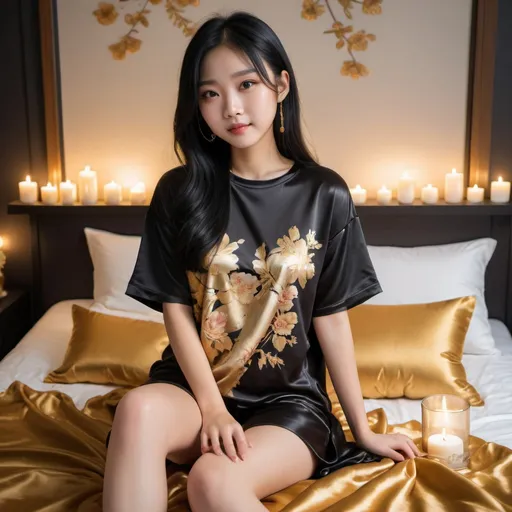 Prompt: cute chinese girl with long silky black hair wearing oversized black double layered satin t-shirt, short sleeve, sitting on bed, gold puffy satin blanket with floral print, satin pillows, silky soft and shiny, soft candle lighting, gold satin lining