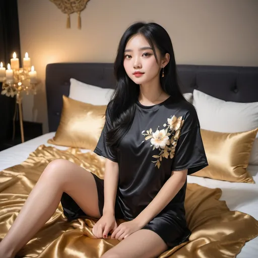 Prompt: cute chinese girl with long silky black hair wearing oversized black double layered satin t-shirt, short sleeve, sitting on bed, gold puffy satin blanket with floral print, satin pillows, silky soft and shiny, soft candle lighting, gold satin lining