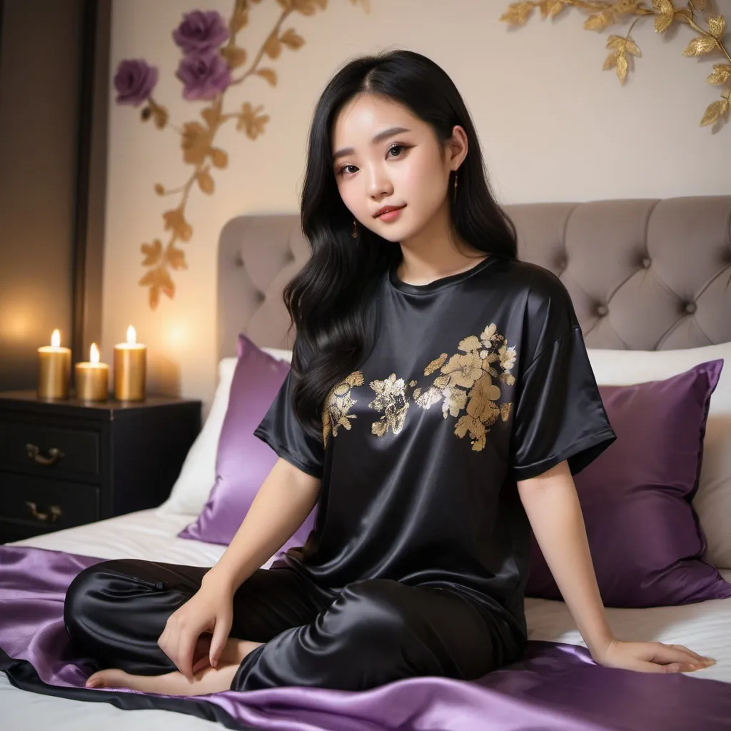 Prompt: cute chinese girl with long silky black hair wearing oversized black double layered satin t-shirt, short sleeve, sitting on bed, gold and purple puffy satin blanket with floral print, satin pillows, silky soft and shiny, soft candle lighting, gold satin lining